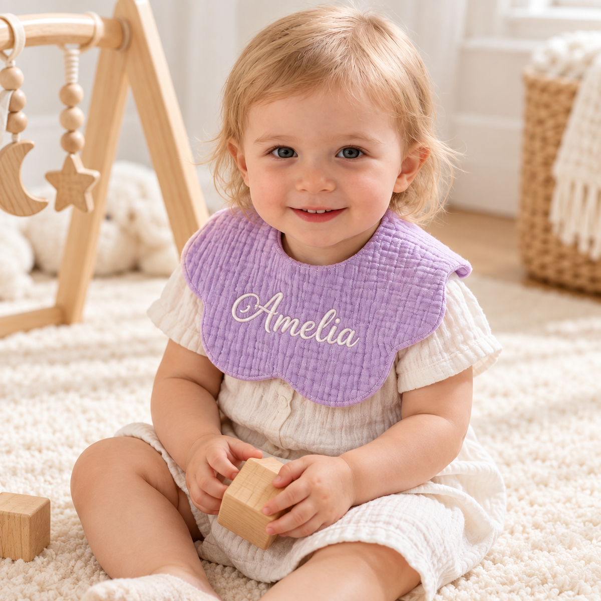Custom Embroidered Baby Bib – Personalized Name Muslin Bib