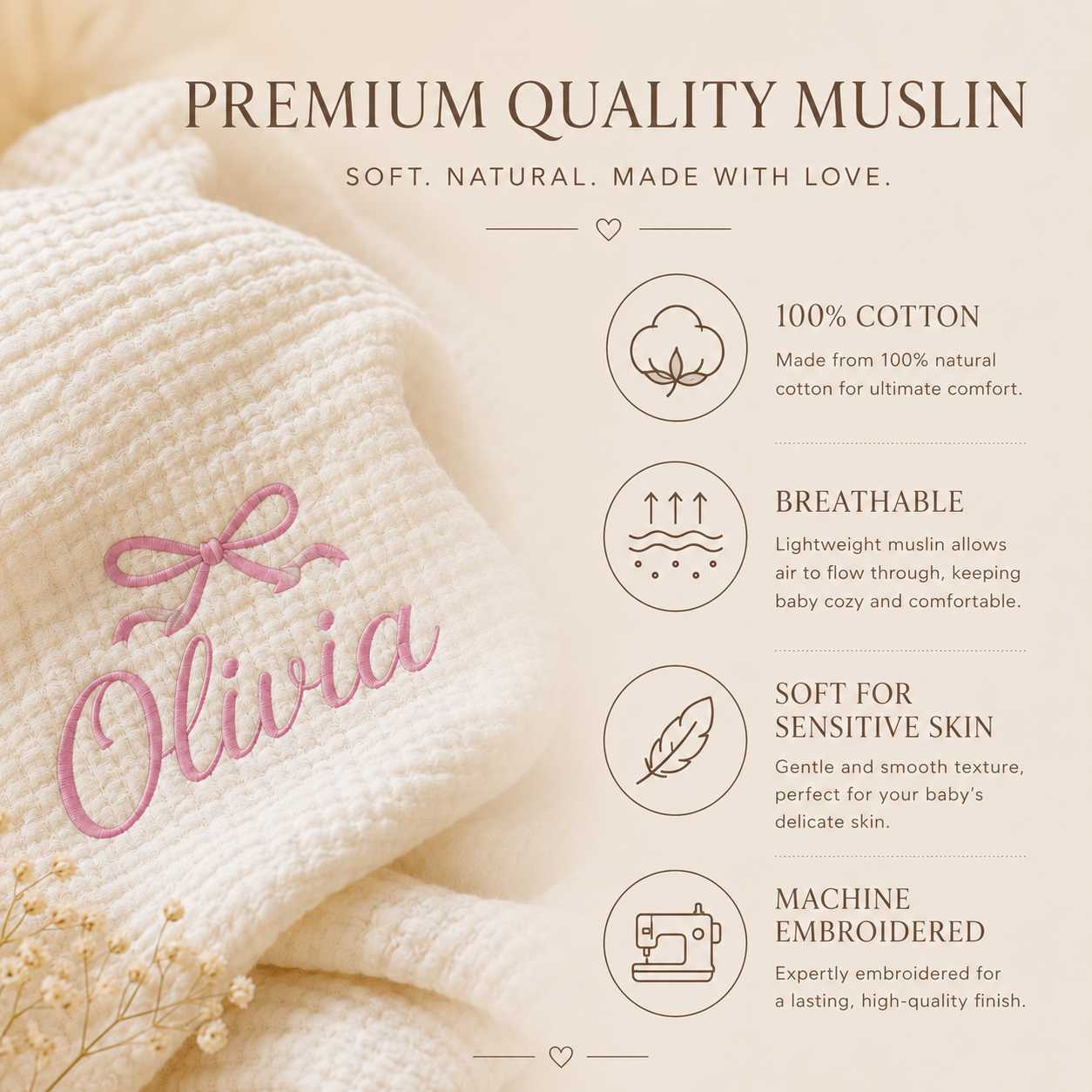 Personalized Newborn Baby Gift Set – Custom Name Embroidered Muslin Romper, Blanket & Pillow #N1