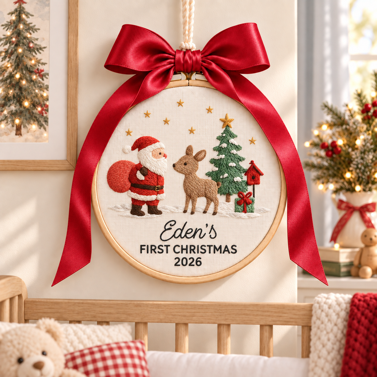 Santa and Reindeer Baby's First Christmas Ornament, Personalized Embroidered Name Keepsake