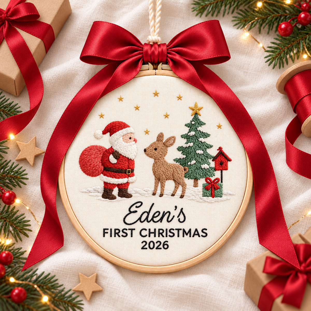 Santa and Reindeer Baby's First Christmas Ornament, Personalized Embroidered Name Keepsake