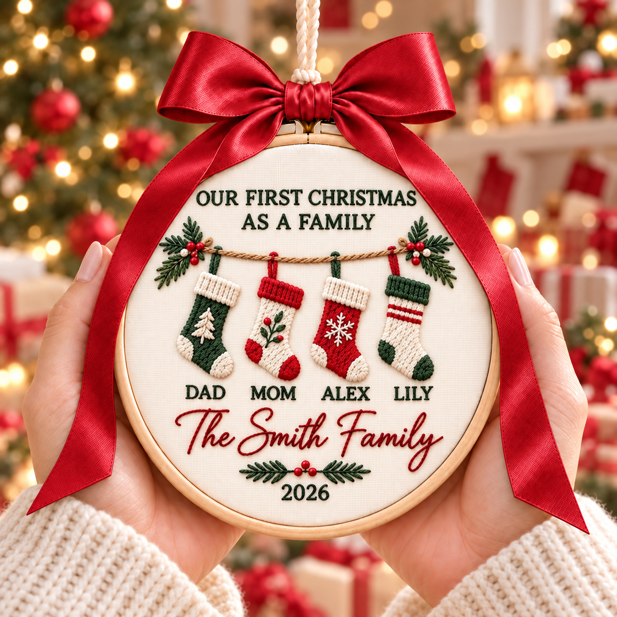 Our First Christmas as a Family Ornament, Personalized Embroidered Stocking Names Keepsake