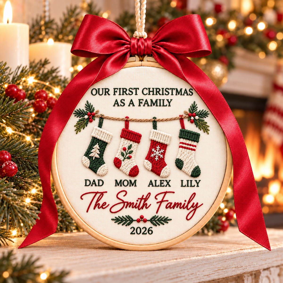 Our First Christmas as a Family Ornament, Personalized Embroidered Stocking Names Keepsake