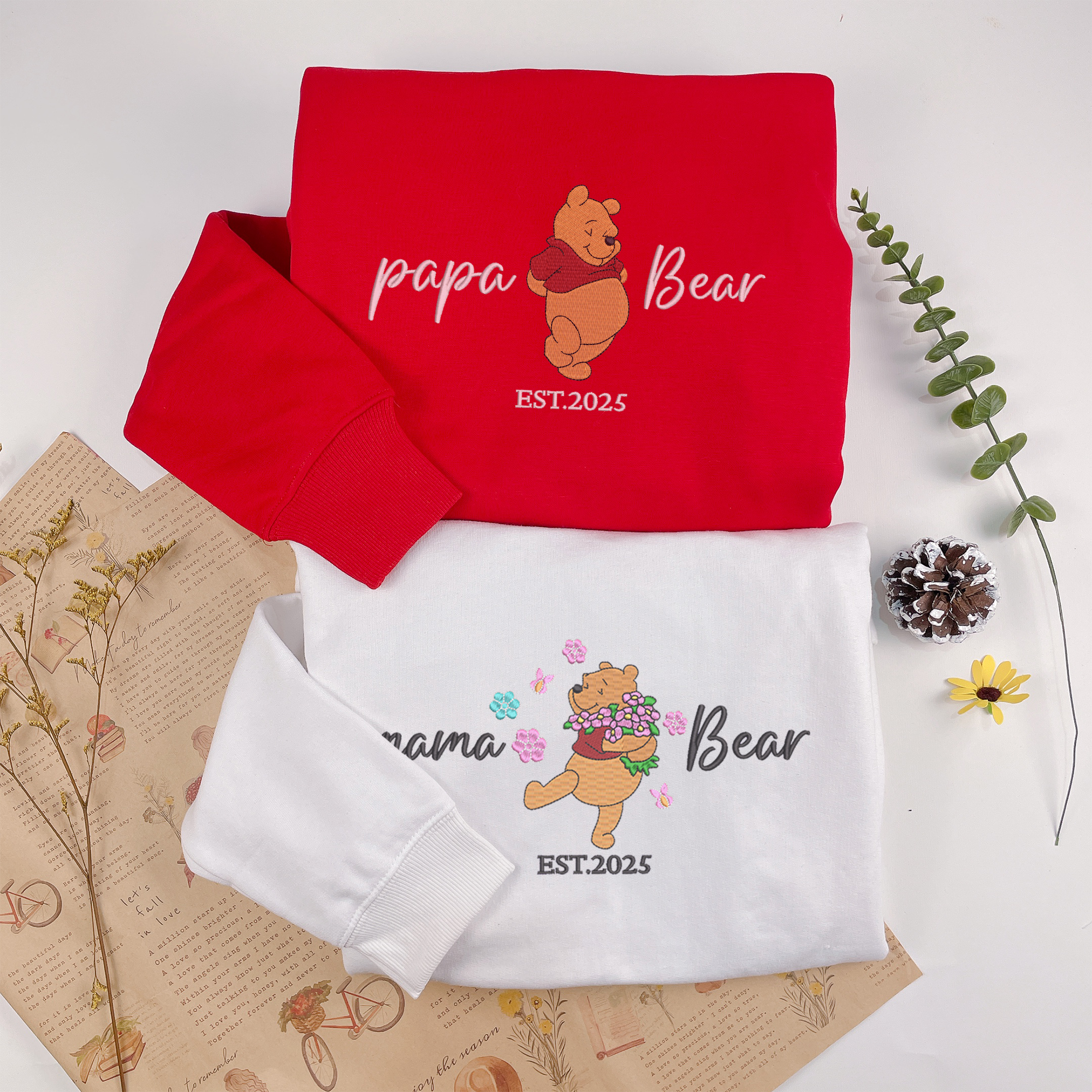 Custom The Pooh Mama Papa Embroidered Sweatshirt, Matching Sweatshirt for Mom Dad