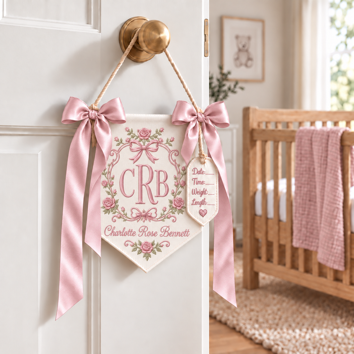 Baby Girl Hospital Banner, Embroidered Monogram Name Sign