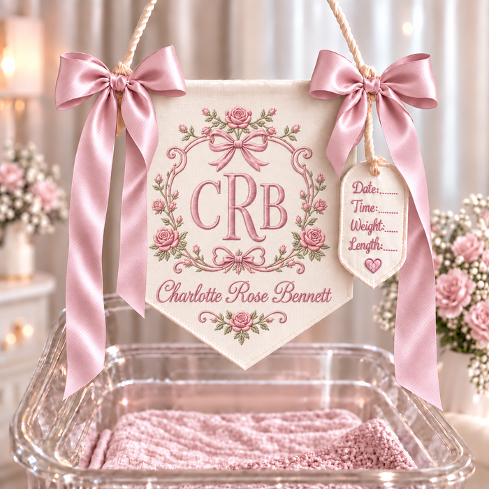 Welcome Baby Girl Door Hanger, Custom Embroidered Monogram Name Banner, Newborn Keepsake