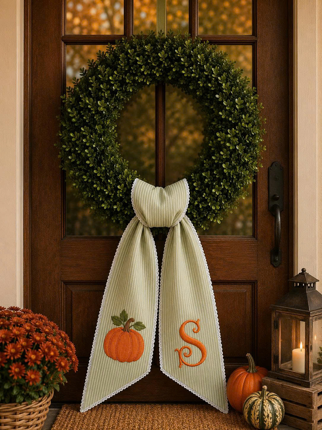 Personalized Fall Wreath Sash – Monogram Seersucker Wreath Bow with Embroidered Pumpkin, Thanksgiving Front Door Decor
