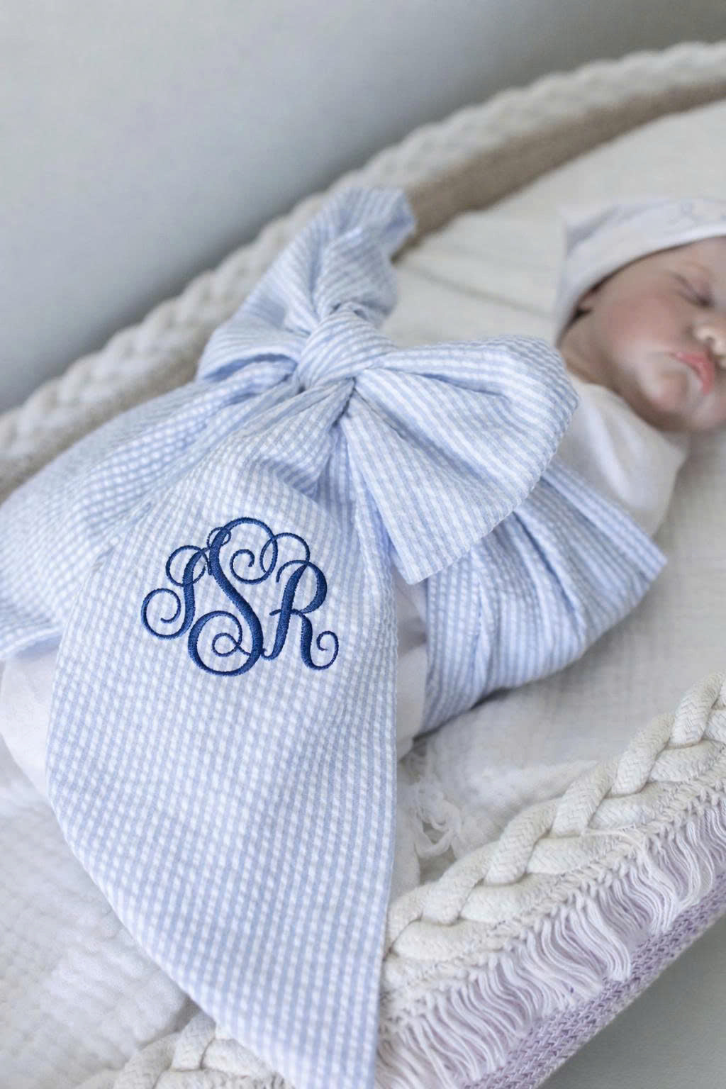 Personalized Seersucker Baby Bow with Monogram – Oversized Newborn Swaddle Bow, Custom Baby Name Gift & Photo Prop