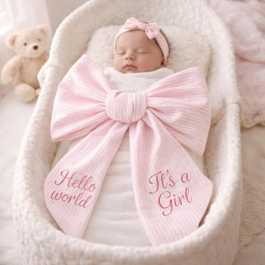 Personalized Seersucker Baby Bow with Monogram – Oversized Newborn Swaddle Bow, Custom Baby Name Gift & Photo Prop