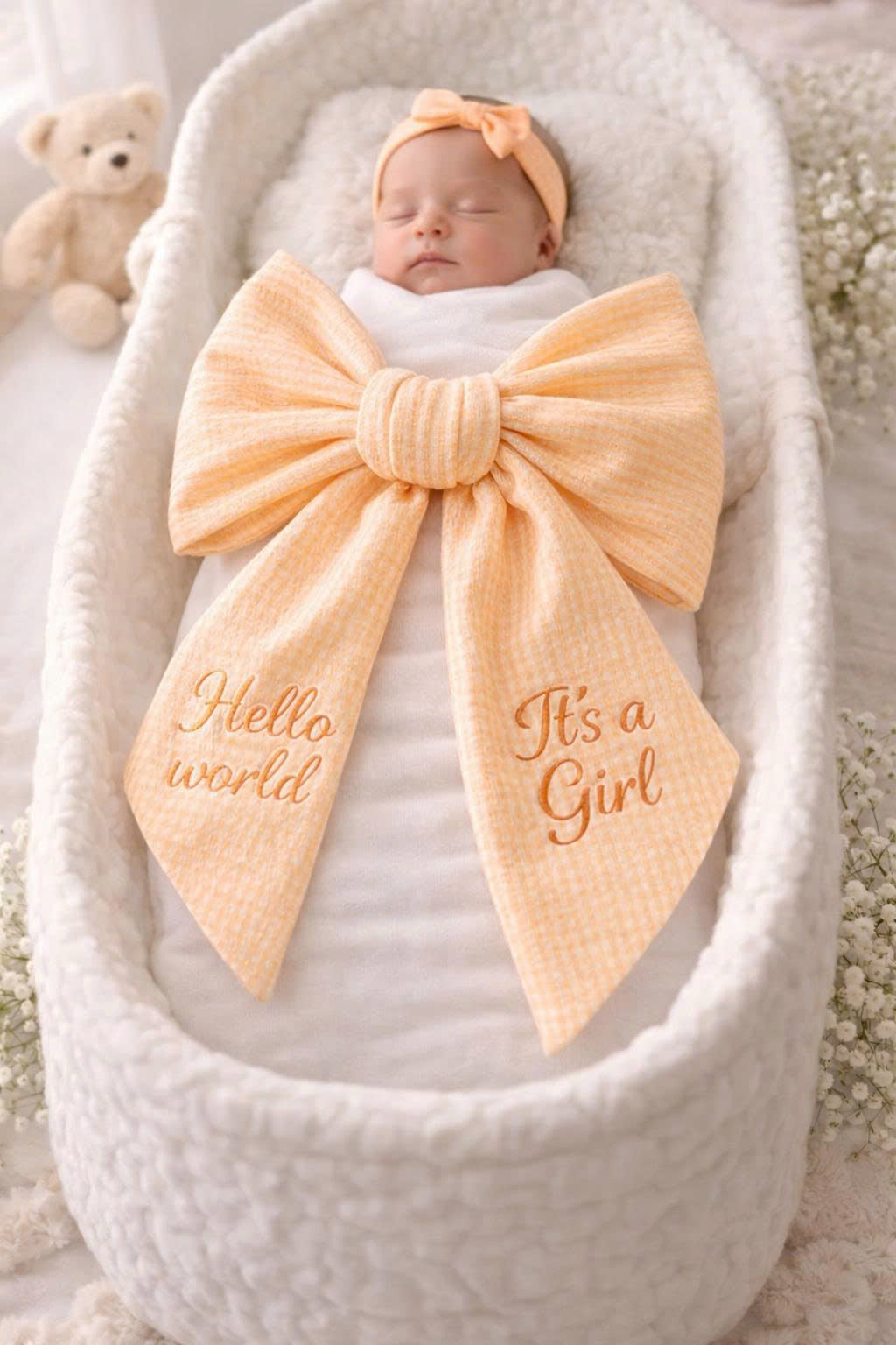 Personalized Seersucker Baby Bow with Monogram – Oversized Newborn Swaddle Bow, Custom Baby Name Gift & Photo Prop