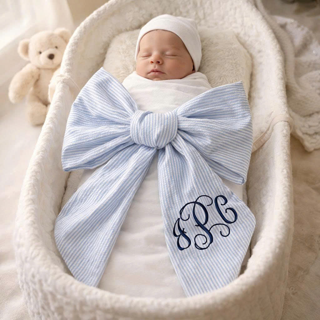 Personalized Seersucker Baby Bow with Monogram – Oversized Newborn Swaddle Bow, Custom Baby Name Gift & Photo Prop