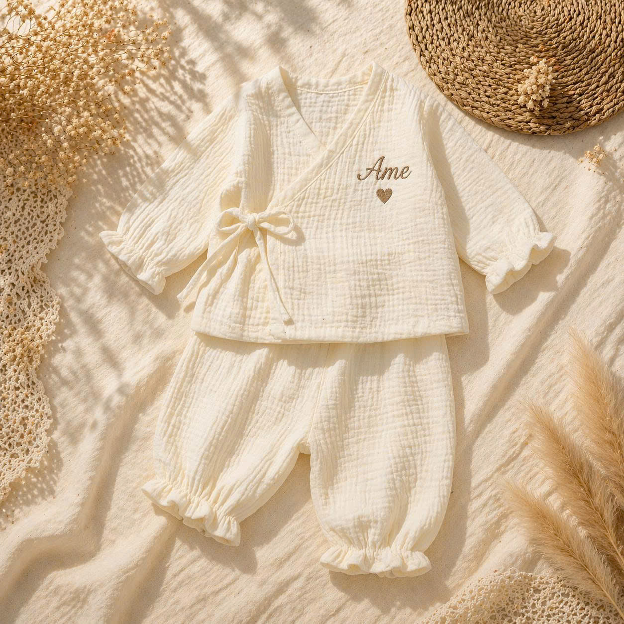 Personalized Baby Muslin Kimono Outfit – Custom Embroidered Name Newborn Baby Girl Set