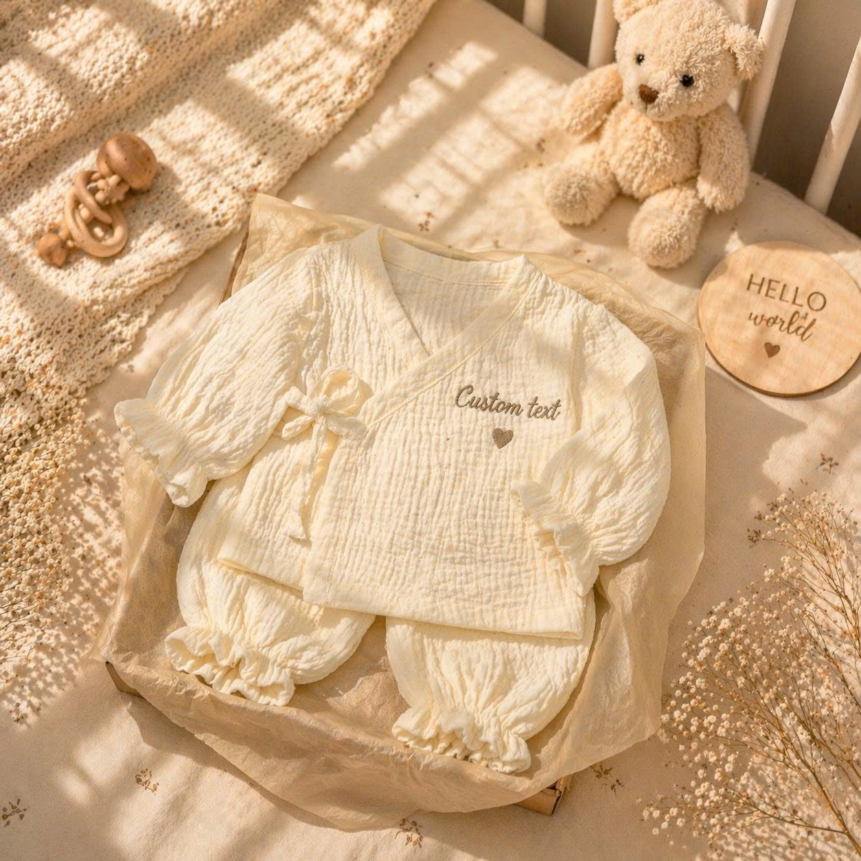 Personalized Baby Muslin Kimono Outfit – Custom Embroidered Name Newborn Baby Girl Set
