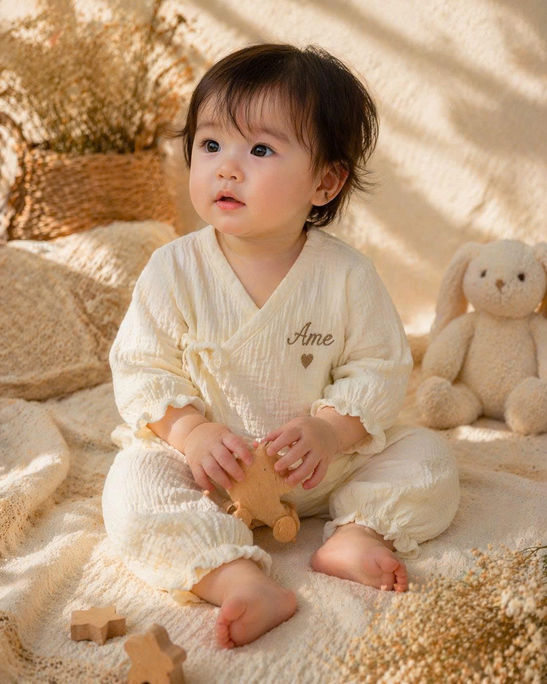 Personalized Baby Muslin Kimono Outfit – Custom Embroidered Name Newborn Baby Girl Set