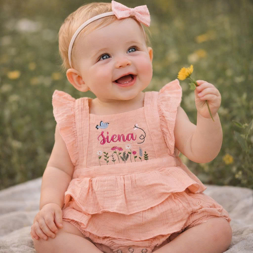 Baby Girl Muslin Ruffle Romper with Bow – Soft Cotton Summer Outfit, Newborn Coming Home & Baby Shower Gift