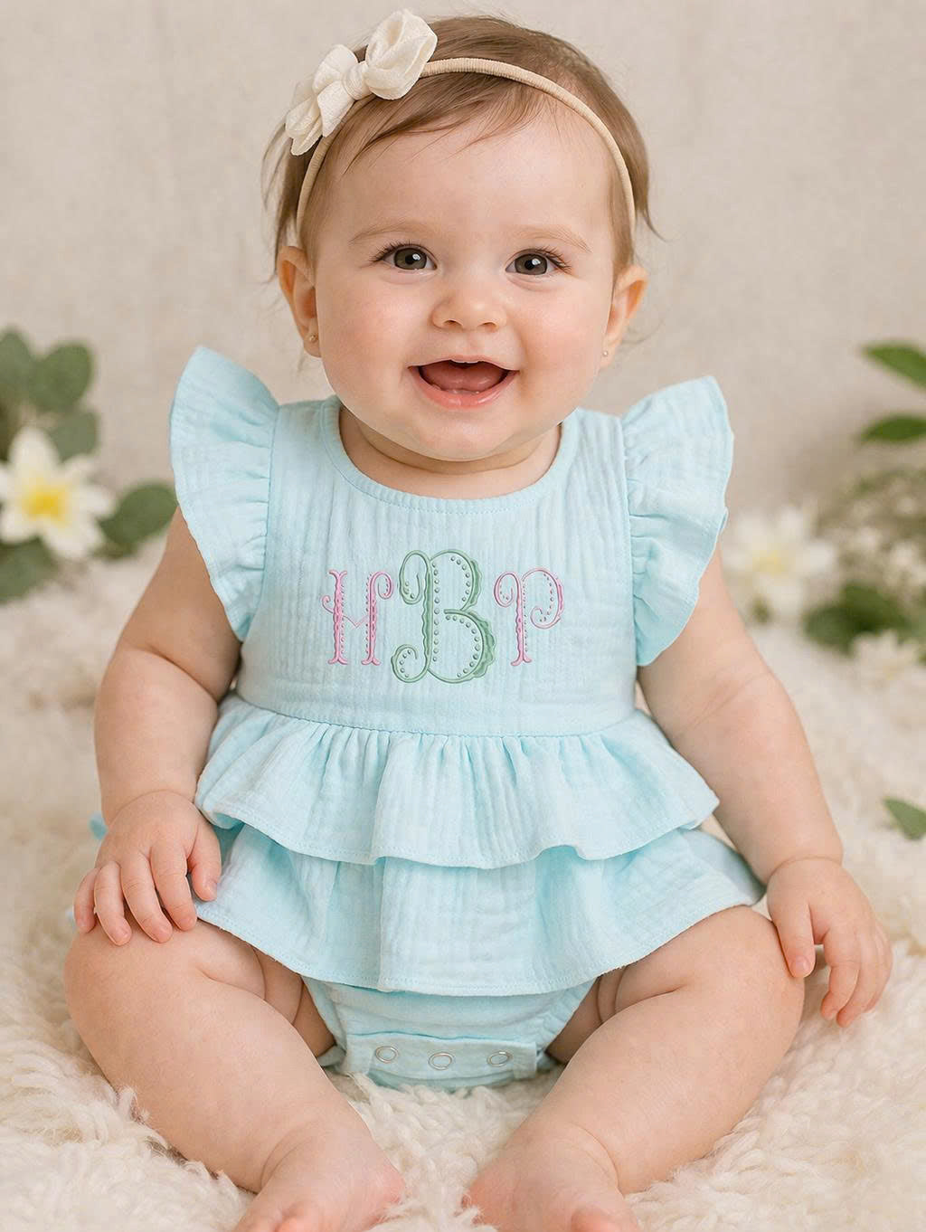 Baby Girl Muslin Ruffle Romper with Bow – Soft Cotton Summer Outfit, Newborn Coming Home & Baby Shower Gift