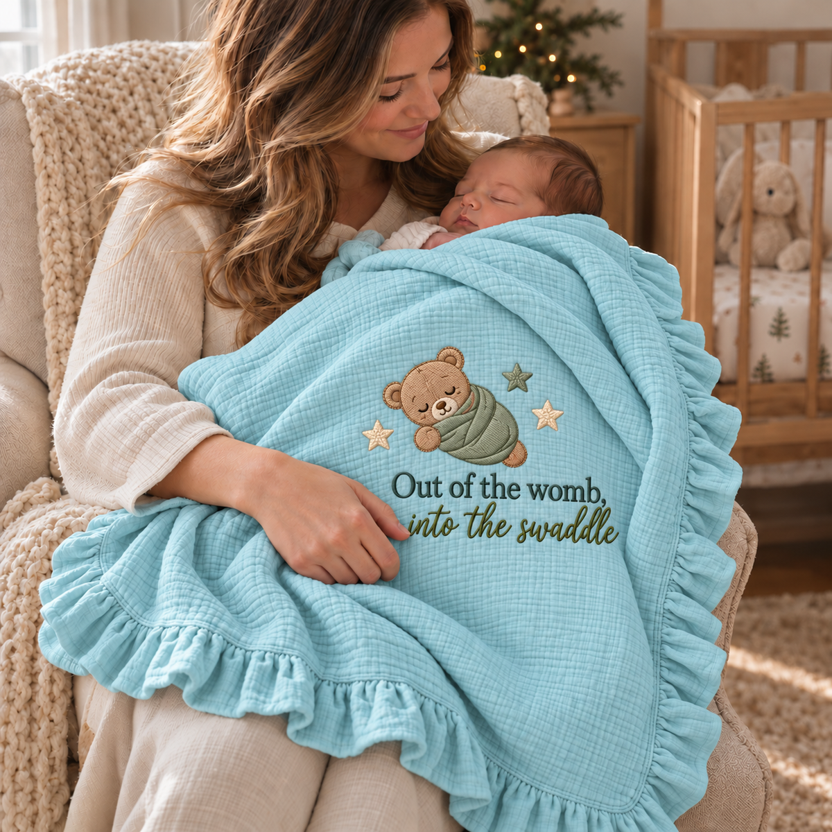 Out of the Womb Into the Swaddle Embroidered Muslin Blanket | Funny Newborn Keepsake Gift