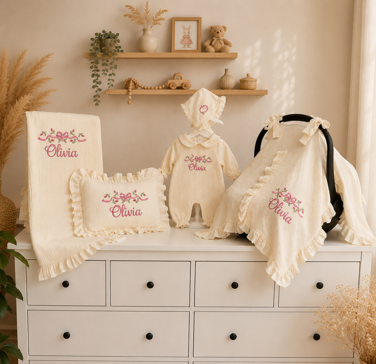 Personalized Baby Gift Set 4 Pieces | Muslin Romper Blanket Pillow Stroller Cover | Custom Name