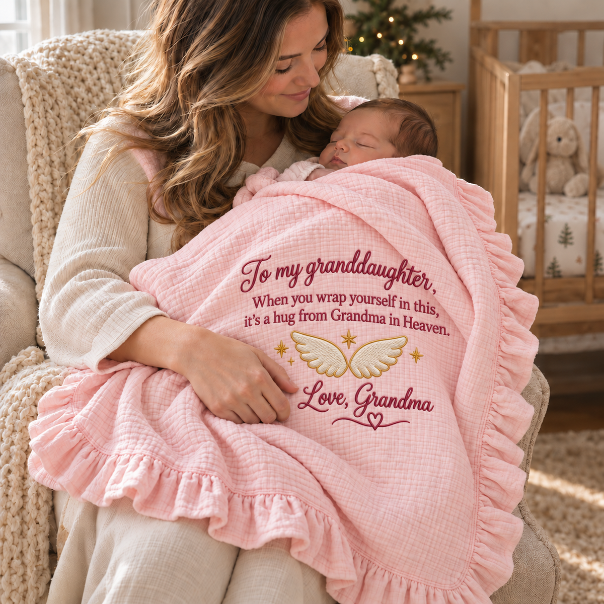 Hug From Grandma in Heaven Embroidered Muslin Blanket | Memorial Keepsake Gift for Granddaughter