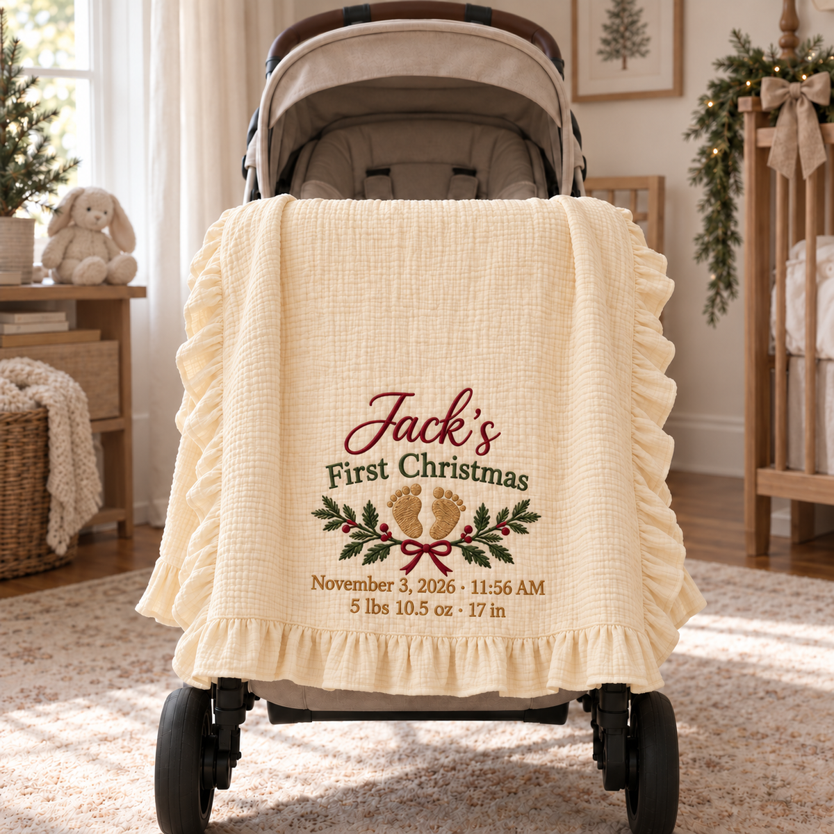 Personalized Birth Announcement First Christmas Muslin Blanket | Custom Baby Stats Keepsake Gift