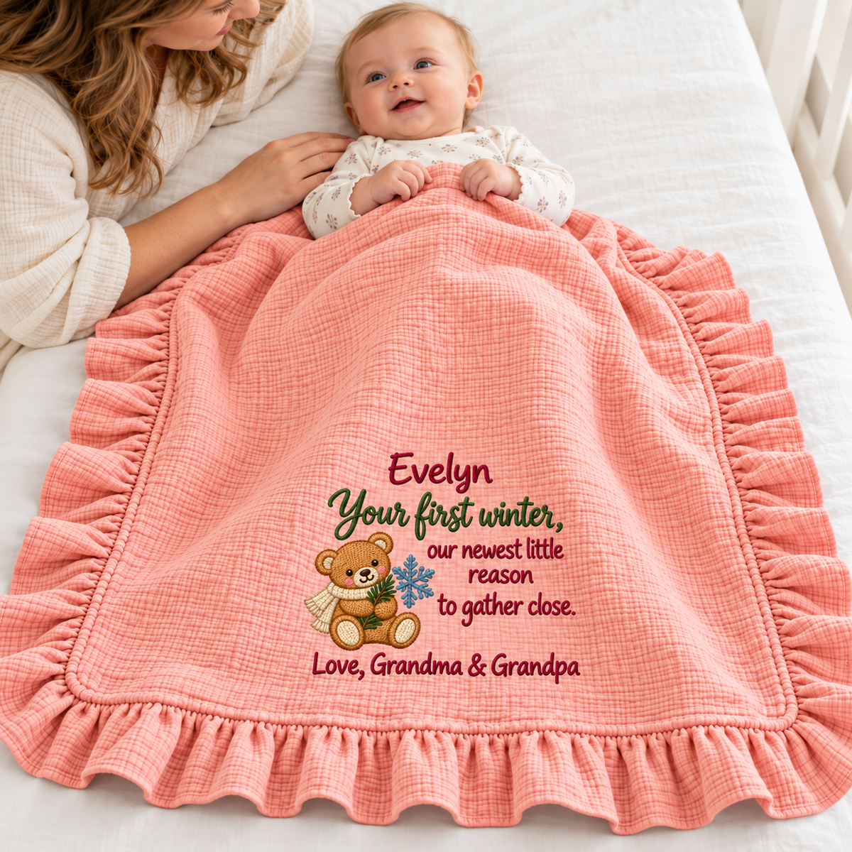 You Are Doing Great Mommy Ruffle Blanket | Embroidered 1st Christmas Newborn Keepsake Gift