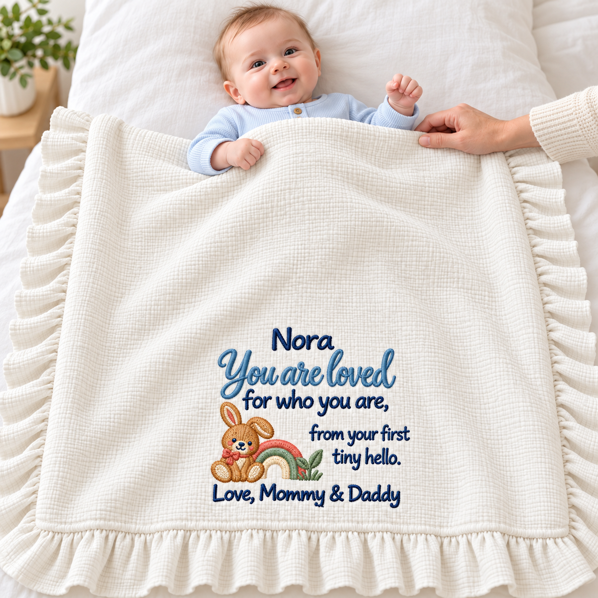 Our Christmas Morning Hand in Hand Blanket | Embroidered Newborn Keepsake Gift Blanket