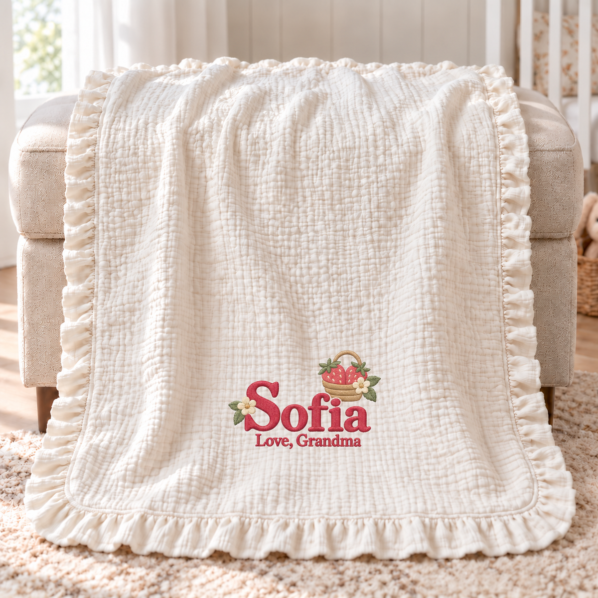 Custom Name Embroidered Muslin Blanket | Personalized Keepsake Gift from Grandma