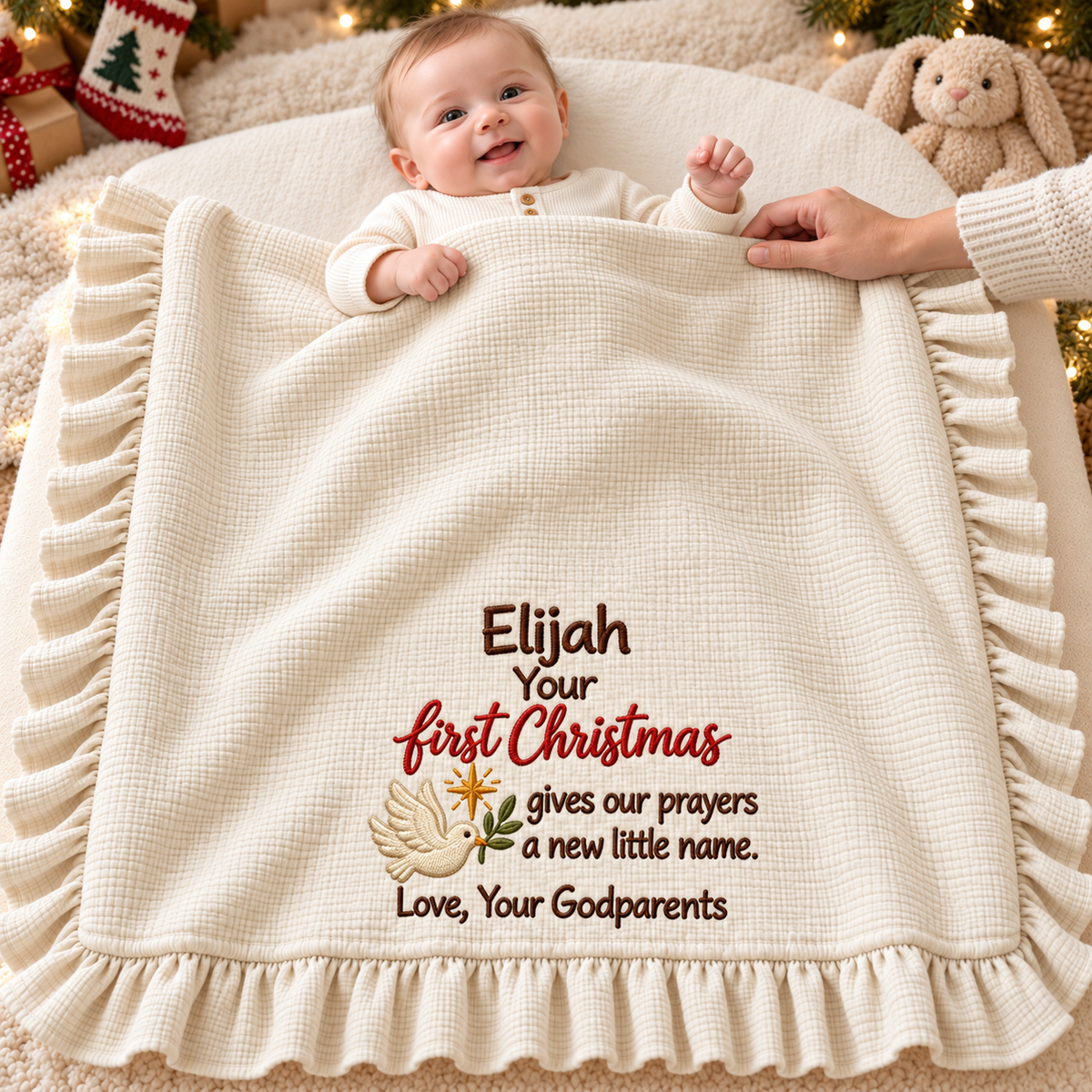 Our First Christmas Hand-in-Hand Muslin Blanket | Custom Embroidered Newborn Keepsake Gift