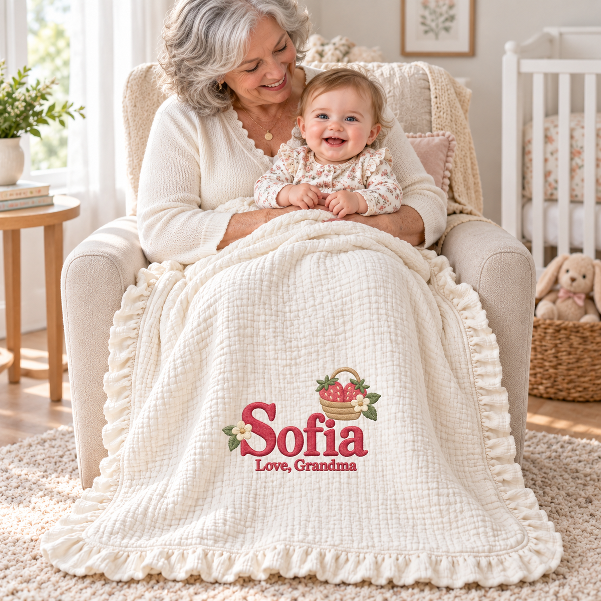 Custom Name Embroidered Muslin Blanket | Personalized Keepsake Gift from Grandma