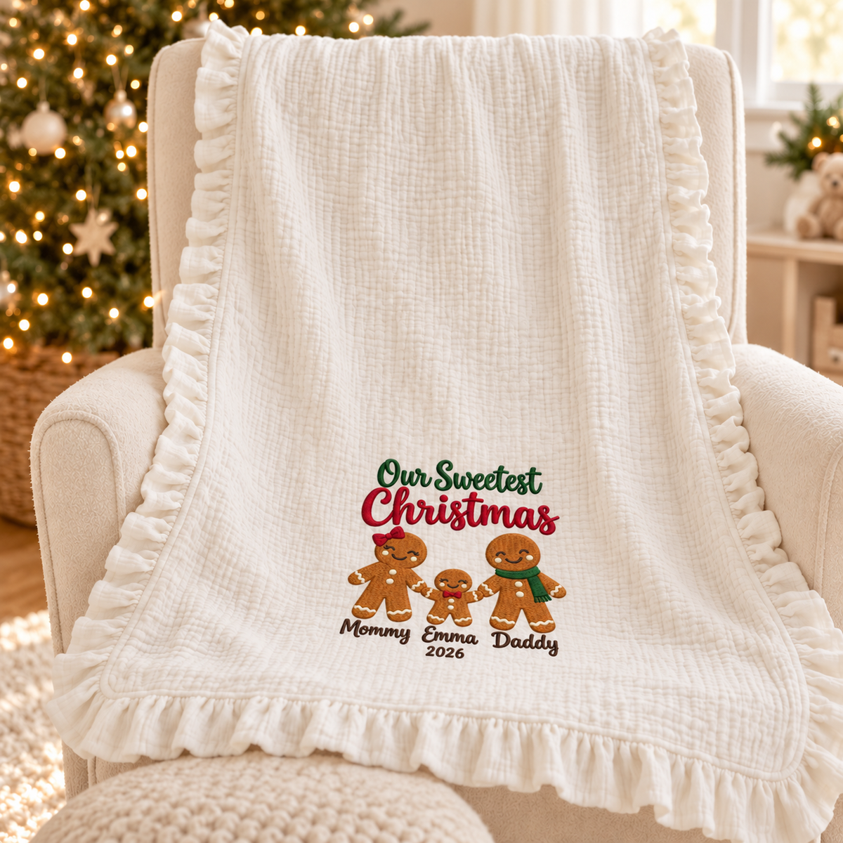 Our Sweetest Christmas Embroidered Family Muslin Blanket | Personalized Mommy Daddy Baby Keepsake Gift