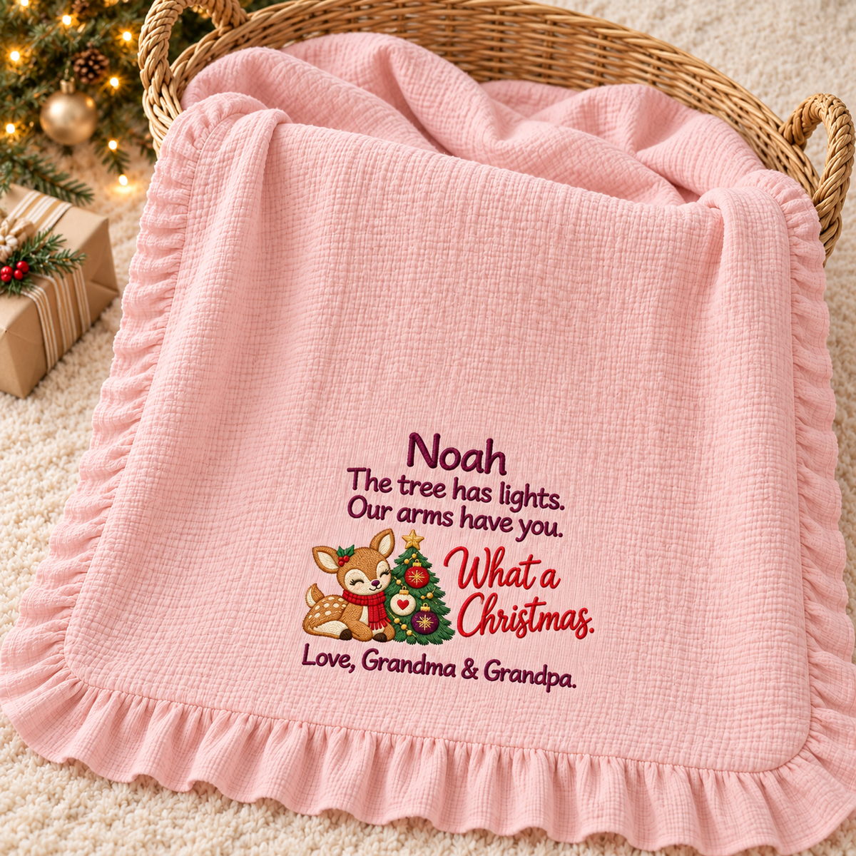 Hand in Hand Mommy and Me Embroidered Muslin Blanket | Custom 1st Christmas Keepsake Gift Blanket