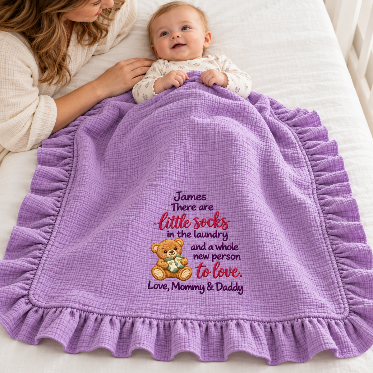 Our First Christmas Together Ruffle Muslin Blanket | Embroidered Newborn Keepsake Gift