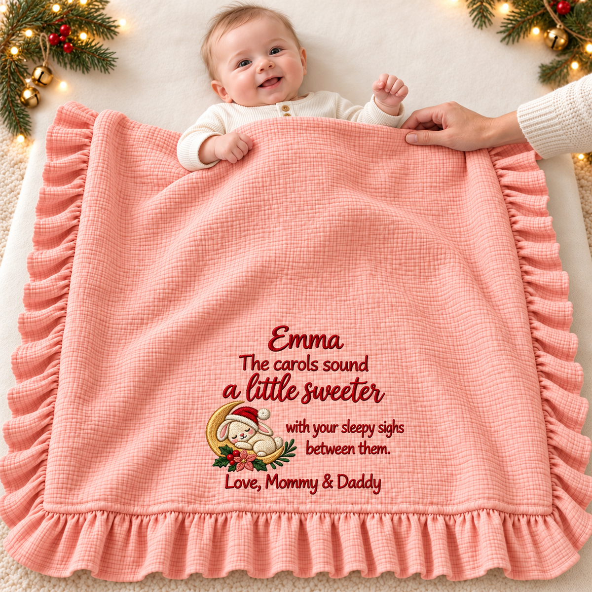 First Christmas Together Ruffle Muslin Blanket | Personalized Newborn Keepsake Gift Blanket