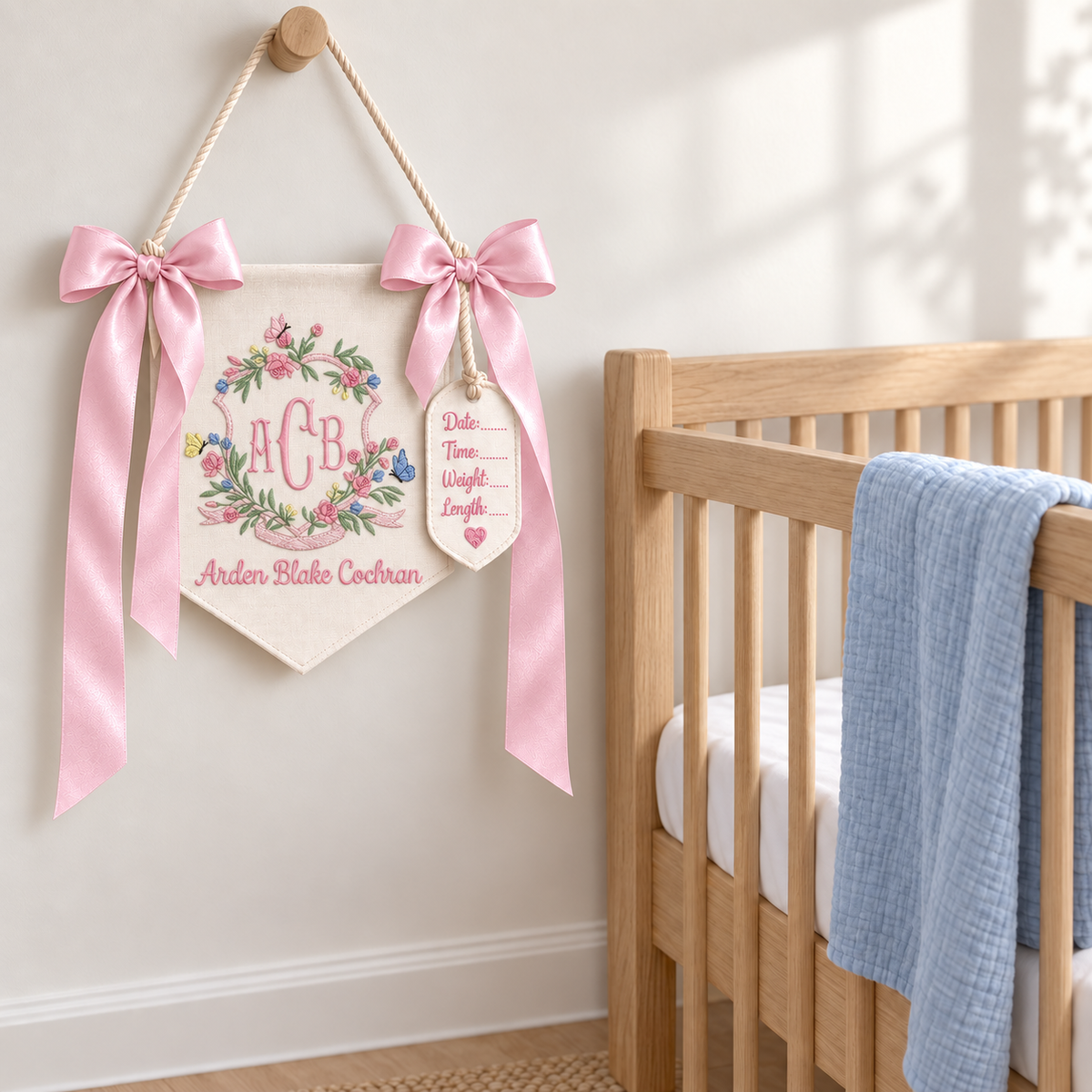 Embroidered Custom Name Monogram Baby Banner, Personalized Baby Banner, Embroidered Baby Name Banner for Baby Shower Gift