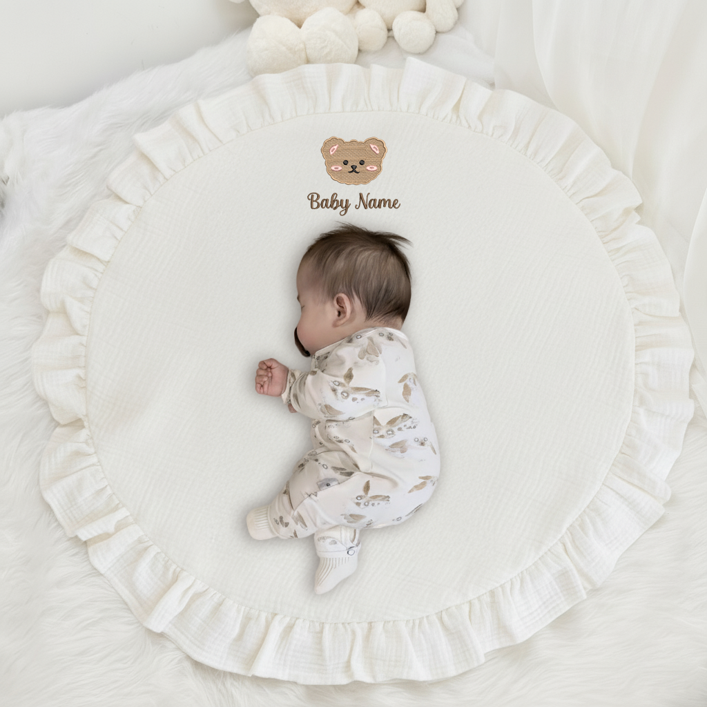Personalized Round Baby Play Mat | Muslin Cotton Floor Mat with Ruffle, Custom Embroidered Baby Name Rug, 100cm Padded Play Mat