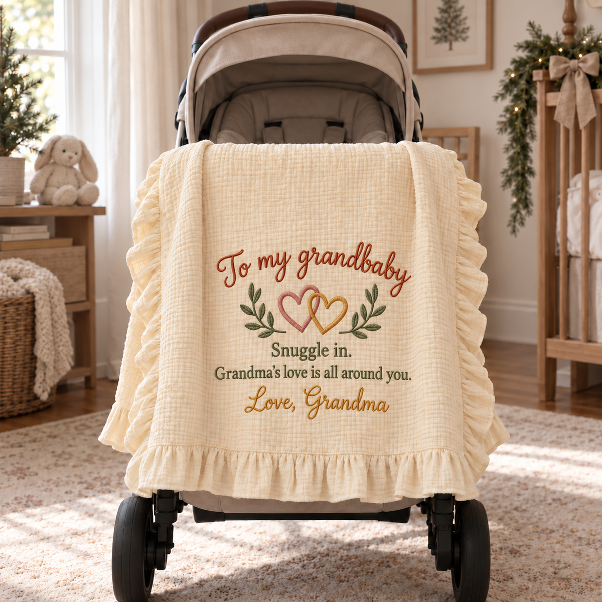 Grandma's Love Snuggle In Embroidered Muslin Blanket | Personalized Grandbaby Keepsake Gift