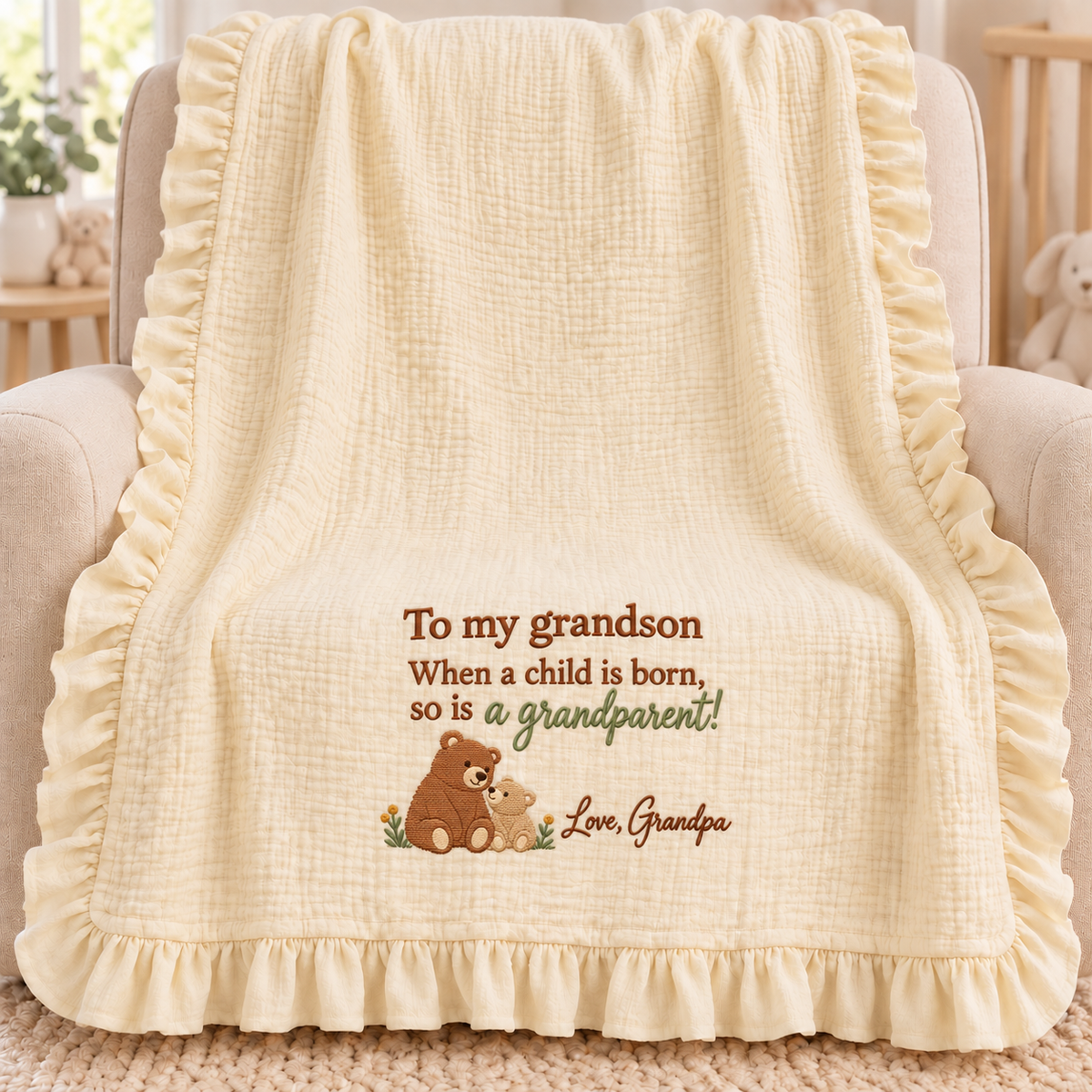When a Child Is Born Grandpa Muslin Blanket | Personalized Grandson Keepsake Gift