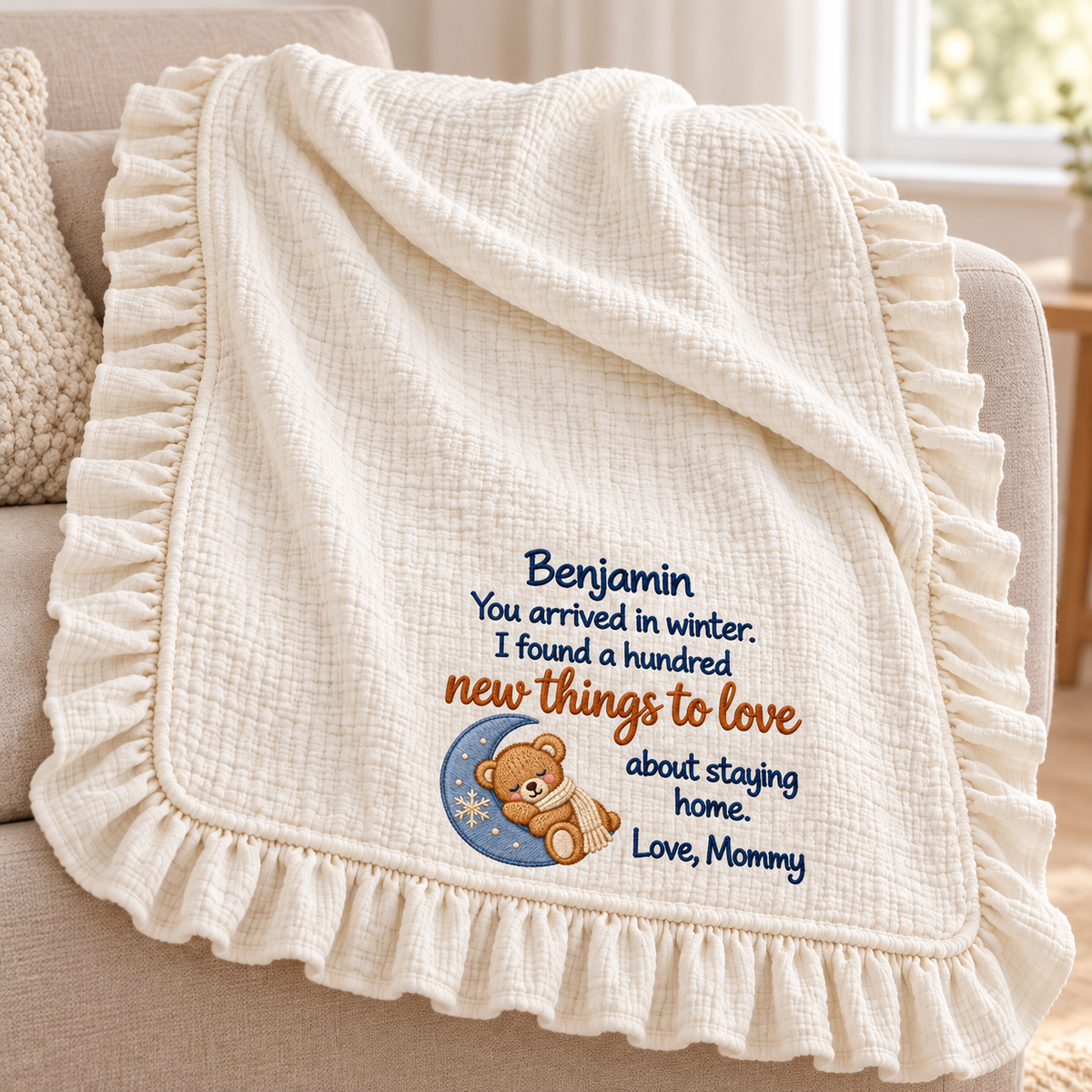 Happy First Christmas Mommy and Me Muslin Blanket | Custom Embroidered Keepsake Gift Blanket