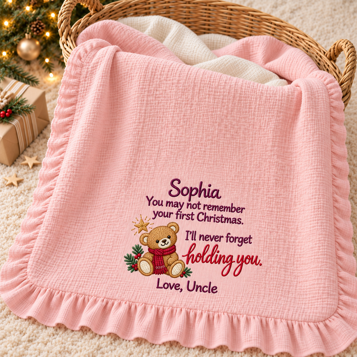 Doing Great Job Mommy Ruffle Muslin Blanket | 1st Christmas Personalized Keepsake Gift