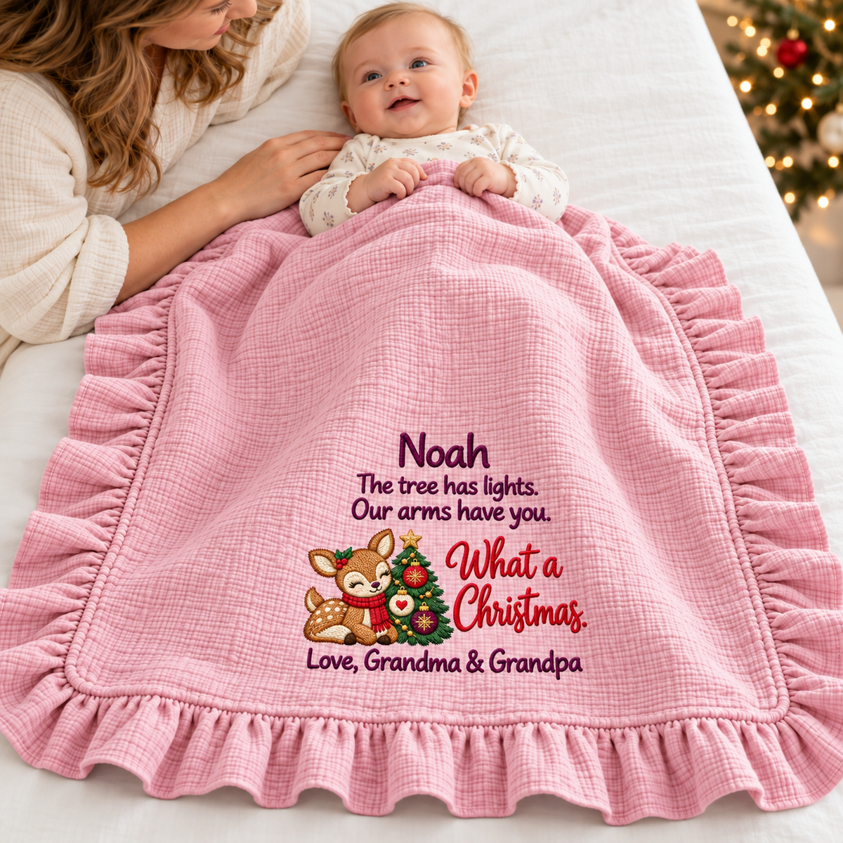 Hand in Hand Mommy and Me Embroidered Muslin Blanket | Custom 1st Christmas Keepsake Gift Blanket