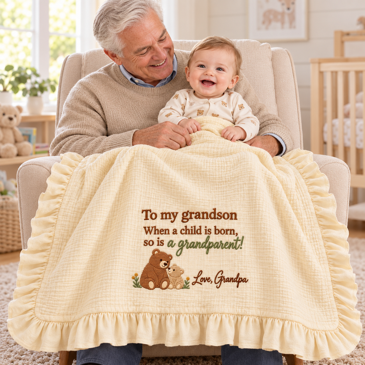 When a Child Is Born Grandpa Muslin Blanket | Personalized Grandson Keepsake Gift