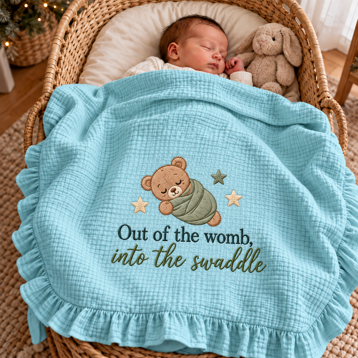 Out of the Womb Into the Swaddle Embroidered Muslin Blanket | Funny Newborn Keepsake Gift