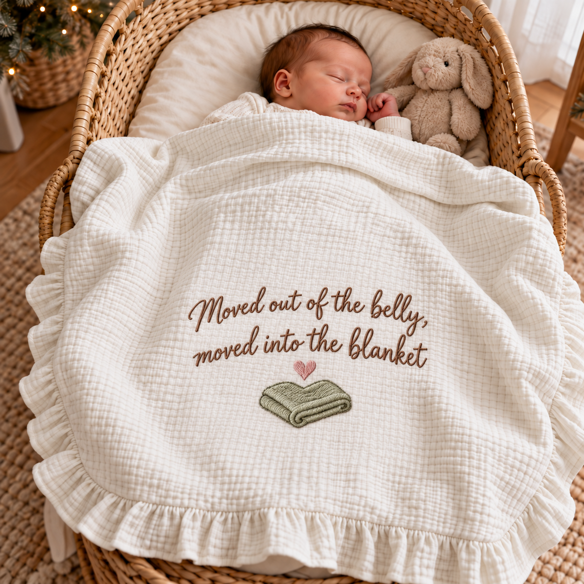 Moved Out of the Belly Into the Blanket Muslin Blanket | Funny Personalized Newborn Keepsake Gift