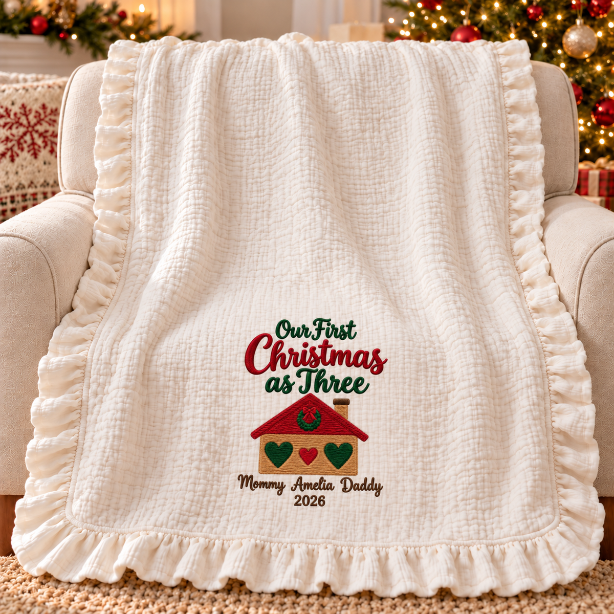 Our First Christmas as Three Muslin Blanket | Personalized Family Keepsake Gift