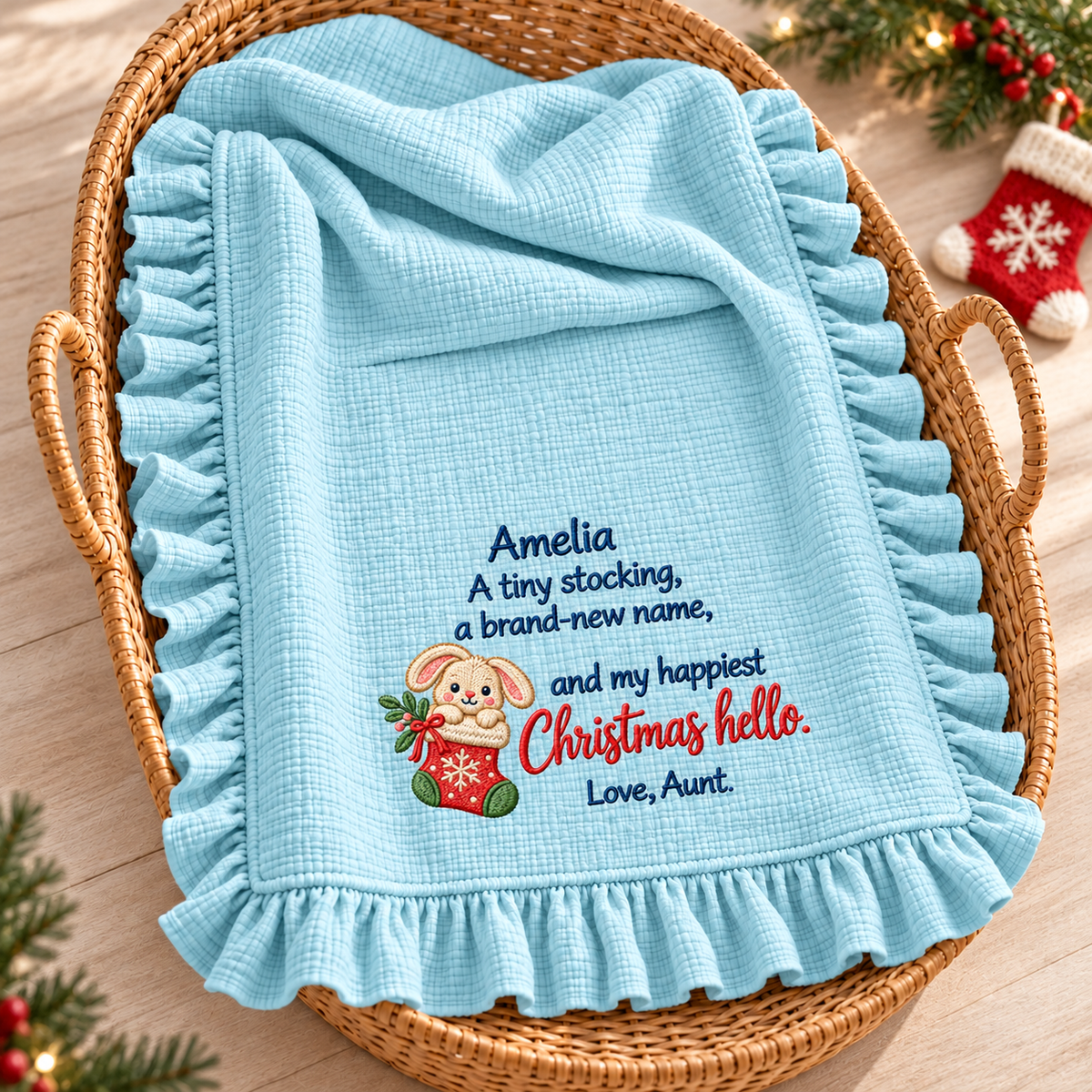 Mommy and Baby First Christmas Embroidered Muslin Blanket | Personalized Keepsake Gift for Newborn