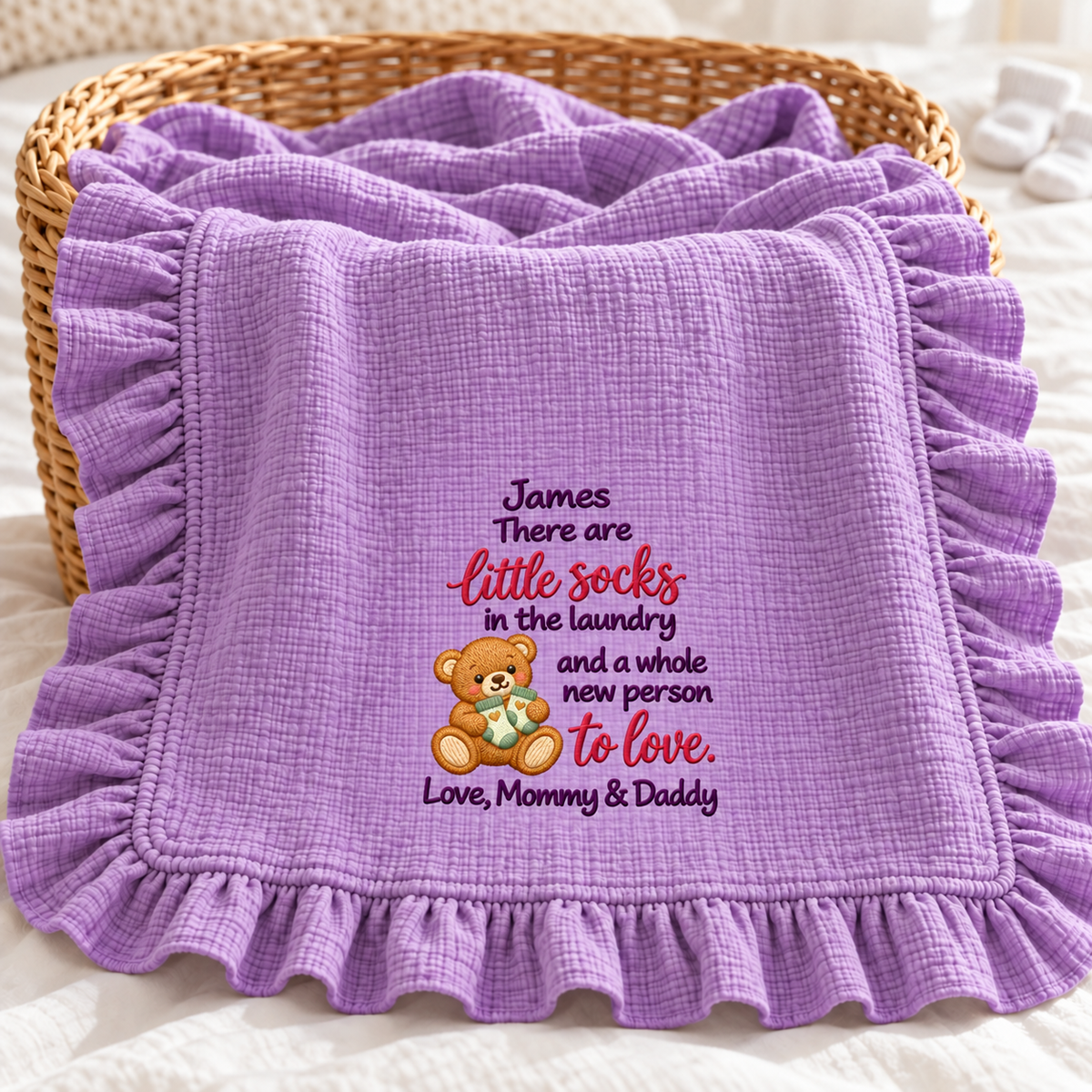 Our First Christmas Together Ruffle Muslin Blanket | Embroidered Newborn Keepsake Gift