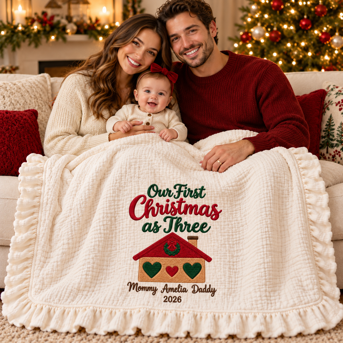 Our First Christmas as Three Muslin Blanket | Personalized Family Keepsake Gift