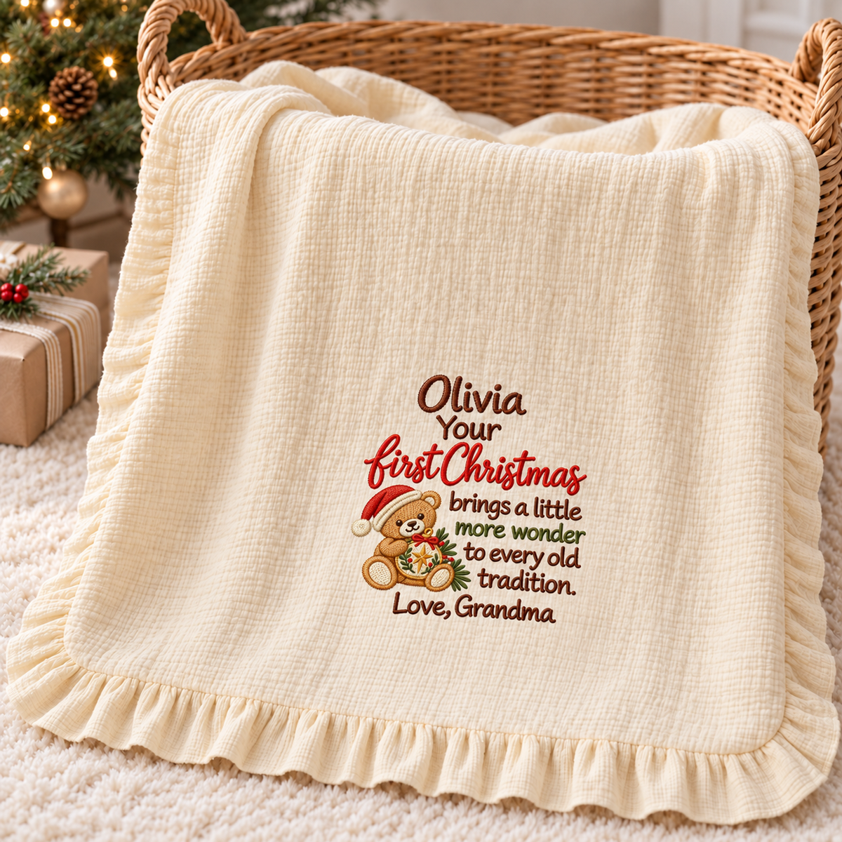 Happy Our 1st Christmas Together Embroidered Muslin Blanket | Mommy & Baby Keepsake Gift Blanket