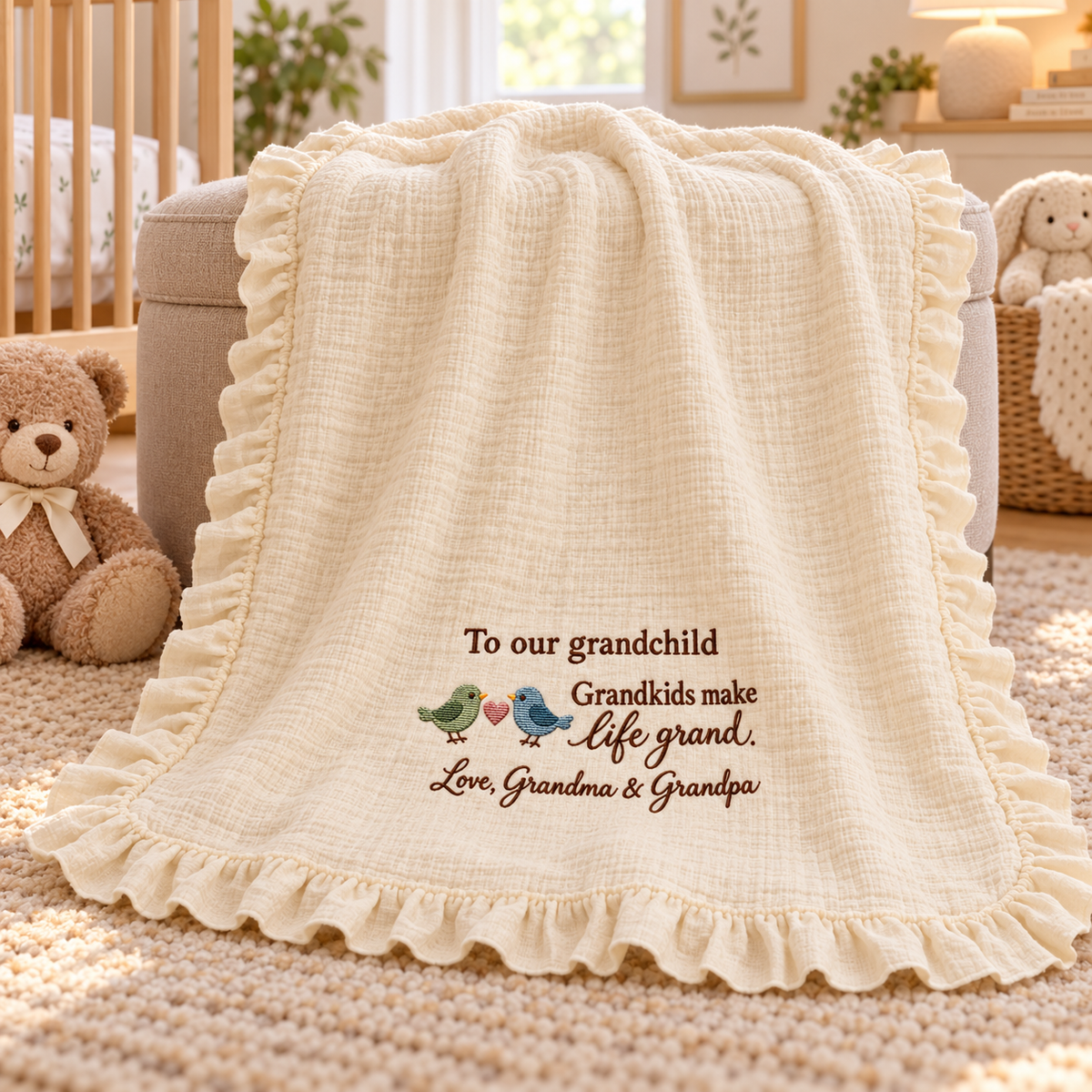 Grandkids Make Life Grand Muslin Blanket | Personalized Grandchild Keepsake Gift