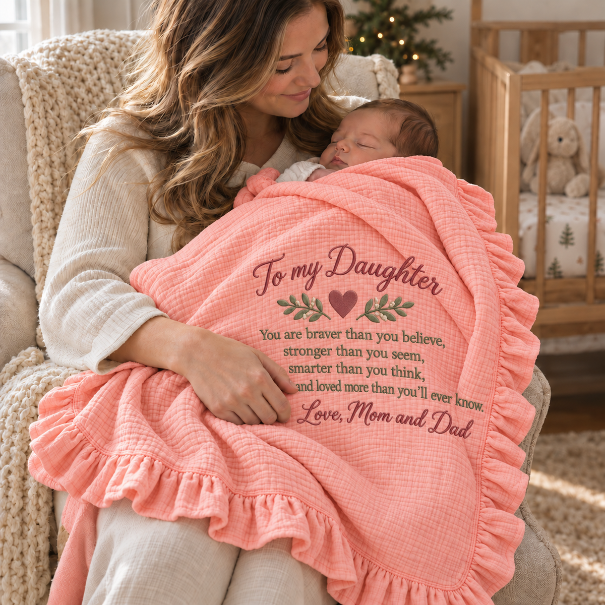 You Are Braver Than You Believe Daughter Embroidered Muslin Blanket | Mom & Dad Keepsake Gift