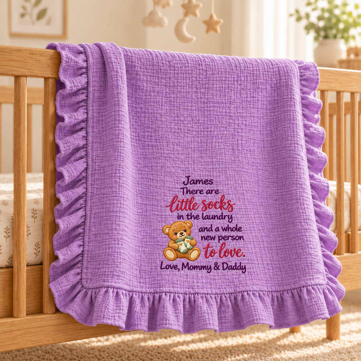 Our First Christmas Together Ruffle Muslin Blanket | Embroidered Newborn Keepsake Gift